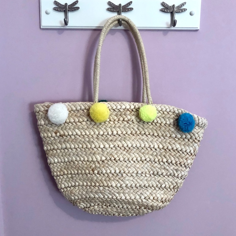 Straw Beach Bag with Pom Poms